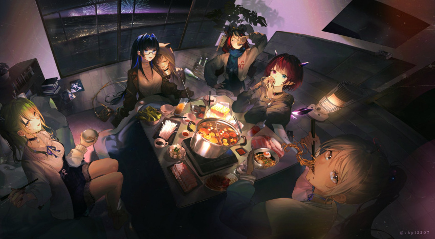 6+girls alternate_costume alternate_hair_length alternate_hairstyle animal_ears blep blue_eyes blue_hair blue_scarf blush bowl brown_coat ceres_fauna ceres_fauna_(jirai_kei) choker chopsticks city_lights closed_eyes coat controller couch cup dark-skinned_female dark_skin drinking fireworks food from_above full_body game_controller glasses green_hair hair_intakes hakos_baelz halo hand_on_own_hip heater heterochromia high_ponytail highres holding holding_bowl holding_chopsticks holding_cup holding_ladle holocouncil hololive hololive_english hood hood_up horns hotpot interior irys_(hololive) kotatsu ladle leaning_on_person light_particles long_hair looking_at_viewer mole mole_under_mouth mouse_ears mouse_girl multiple_girls nanashi_mumei night night_sky noodles on_couch ouro_kronii ouro_kronii_(casual) pile_of_books pink_eyes plant pointy_ears potted_plant ramen redhead scarf shadow short_hair sitting sky sweater table tsukumo_sana twitter_username upper_body virtual_youtuber white_hair white_sweater wooden_floor yellow_eyes