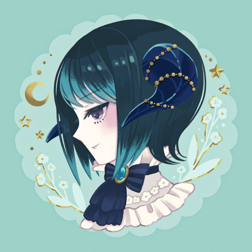 1girl absurdres blue_bow blue_bowtie blue_gemstone blue_hair blue_horns blush bow bowtie commission crescent frills gem green_hair highres horns original pinkmm profile short_hair skeb_commission solo star_(symbol) swept_bangs violet_eyes