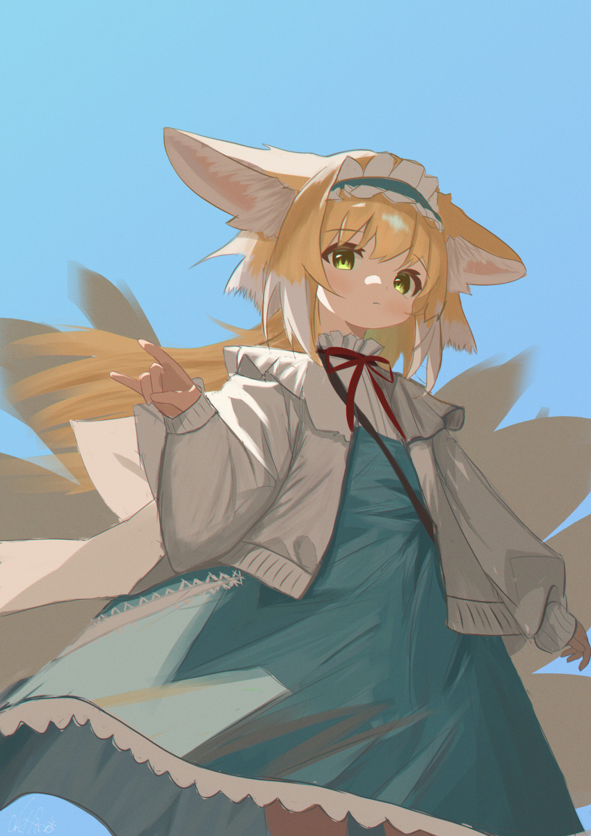 1girl absurdres animal_ears arknights blonde_hair blue_background blue_skirt cardigan closed_mouth colored_tips commentary delfino fox_ears fox_girl fox_shadow_puppet fox_tail green_eyes high-waist_skirt highres kitsune kyuubi long_hair long_sleeves looking_at_viewer multicolored_hair multiple_tails neck_ribbon official_alternate_costume red_ribbon ribbon skirt solo suzuran_(arknights) suzuran_(spring_praise)_(arknights) tail two-tone_hair white_cardigan white_hair