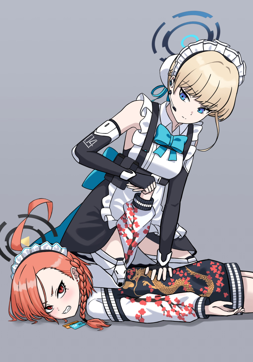 2girls ahoge apron armpits black_gloves blue_archive blue_eyes braid bruce8763 bun_cover cleaning_&amp;_clearing_(blue_archive) clenched_teeth commentary_request earpiece elbow_gloves fingerless_gloves french_braid frilled_apron frills gloves hair_between_eyes halo highres jacket light_brown_hair locked_arms long_hair long_sleeves looking_at_another lying maid maid_apron maid_headdress medium_hair mole mole_under_eye multicolored_clothes multicolored_jacket multiple_girls neru_(blue_archive) on_stomach print_jacket red_eyes redhead shoulder_strap sidelocks simple_background single_braid single_thighhigh teeth thigh-highs toki_(blue_archive) two-tone_jacket v-shaped_eyebrows white_apron