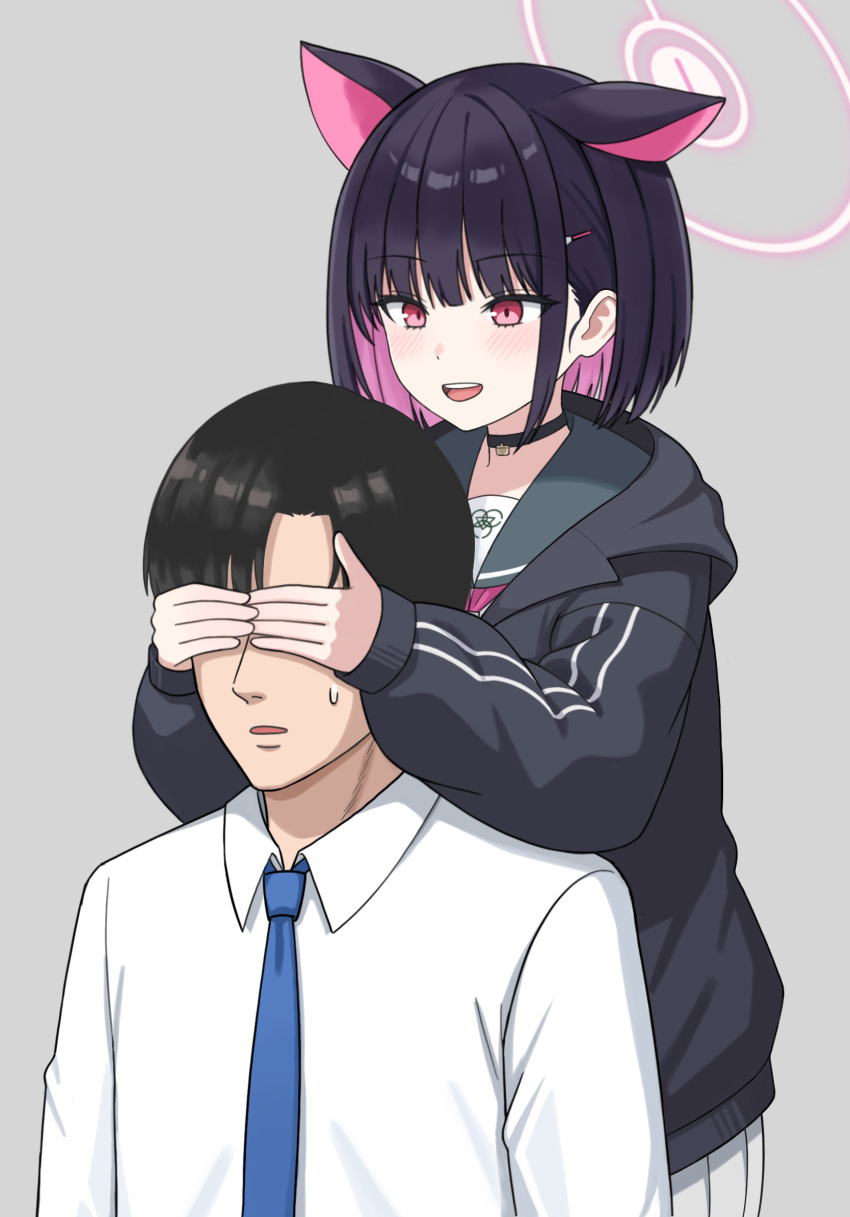 1boy 1girl :d black_choker black_hair black_jacket blue_archive blue_necktie blunt_bangs bob_cut bruce8763 business_casual cat_girl cat_tail choker collared_shirt colored_inner_hair commentary covering_another's_eyes hair_ornament hairclip halo highres hood hooded_jacket jacket kazusa_(blue_archive) long_sleeves looking_at_another multicolored_hair necktie pendant_choker red_eyes school_uniform sensei_(blue_archive) serafuku shirt short_hair sidelocks simple_background smile tail two-tone_hair white_shirt