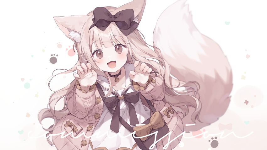 1girl :d animal_ear_fluff animal_ears bag bow brown_bow brown_eyes brown_hair brown_jacket claw_pose commission dress fang fox_ears fox_girl fox_tail from_above hair_bow hands_up highres jacket long_hair long_sleeves looking_at_viewer looking_up moffle_(ayabi) open_clothes open_jacket original puffy_long_sleeves puffy_sleeves sailor_collar sailor_dress shoulder_bag simple_background smile solo tail very_long_hair white_background white_dress white_sailor_collar