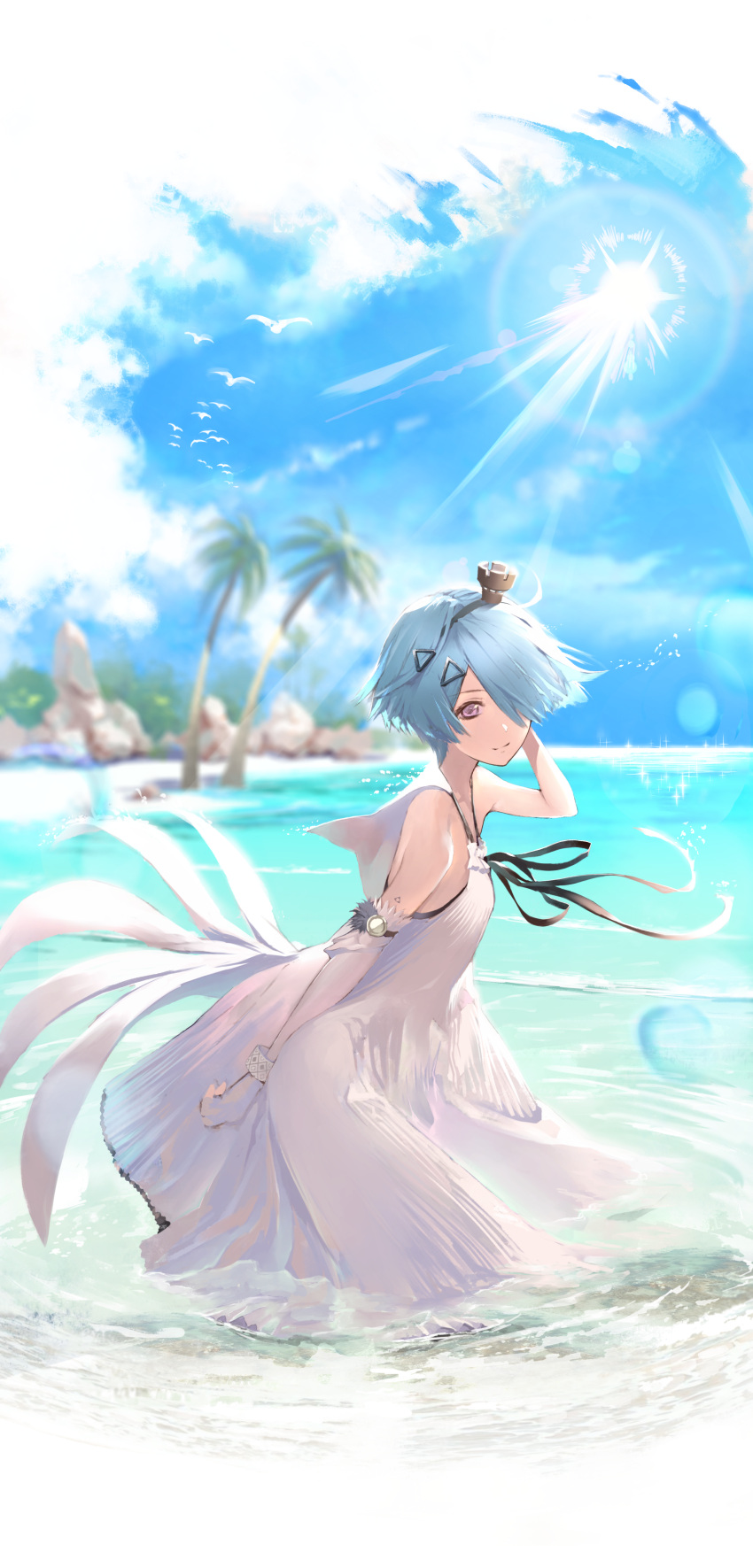 1girl absurdres ahoge aizawa_masaya animal arm_behind_back arm_behind_head back bare_shoulders beach bird blue_hair blue_sky bracelet breasts clenched_hand closed_mouth clouds cloudy_sky collarbone commentary_request day dove dress elbow_gloves from_side full_body girls_frontline gloves hair_ornament hair_over_one_eye hairband hairpin halter_dress halterneck hand_on_own_ass head_tilt highres in_water jewelry light_blue_hair looking_at_viewer medium_breasts ocean official_alternate_costume outdoors palm_tree rock sand short_hair sky smile solo sun sunlight tree violet_eyes water wet white_dove white_dress white_gloves zas_m21_(girls'_frontline) zas_m21_(white_queen)_(girls'_frontline)