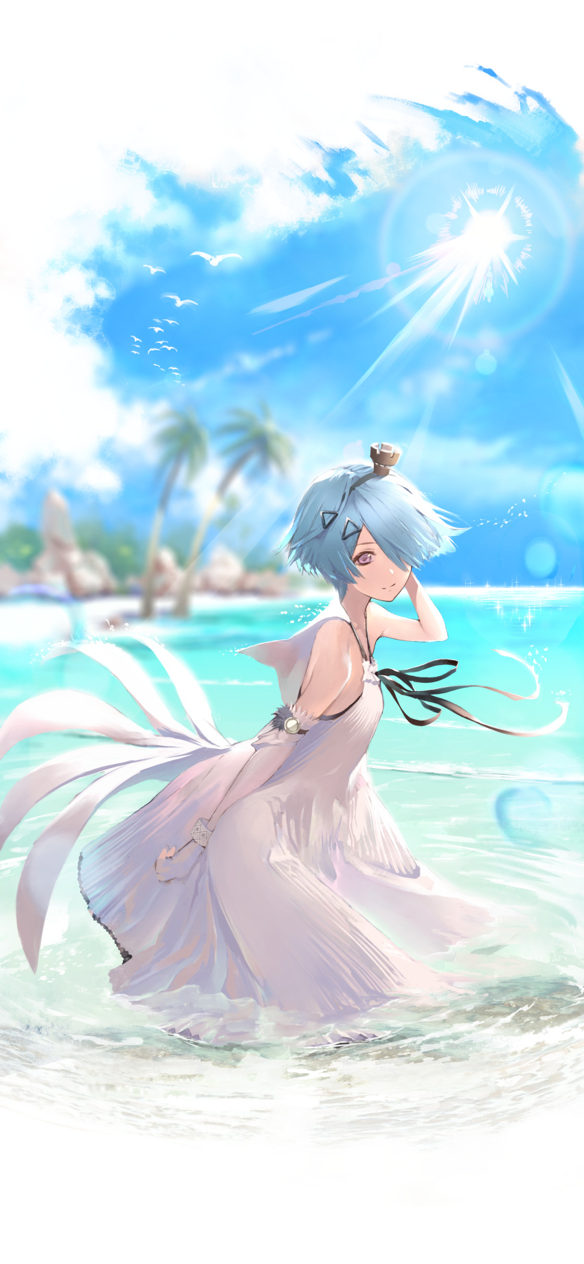 1girl absurdres ahoge aizawa_masaya animal arm_behind_back arm_behind_head back bare_shoulders beach bird blue_hair blue_sky bracelet breasts clenched_hand closed_mouth clouds cloudy_sky collarbone commentary_request day dove dress elbow_gloves from_side full_body girls_frontline gloves hair_ornament hair_over_one_eye hairband hairpin halter_dress halterneck hand_on_own_ass head_tilt highres in_water jewelry light_blue_hair looking_at_viewer medium_breasts ocean official_alternate_costume outdoors palm_tree rock sand short_hair sky smile solo sun sunlight transparent_background tree violet_eyes water wet white_dove white_dress white_gloves zas_m21_(girls'_frontline) zas_m21_(white_queen)_(girls'_frontline)