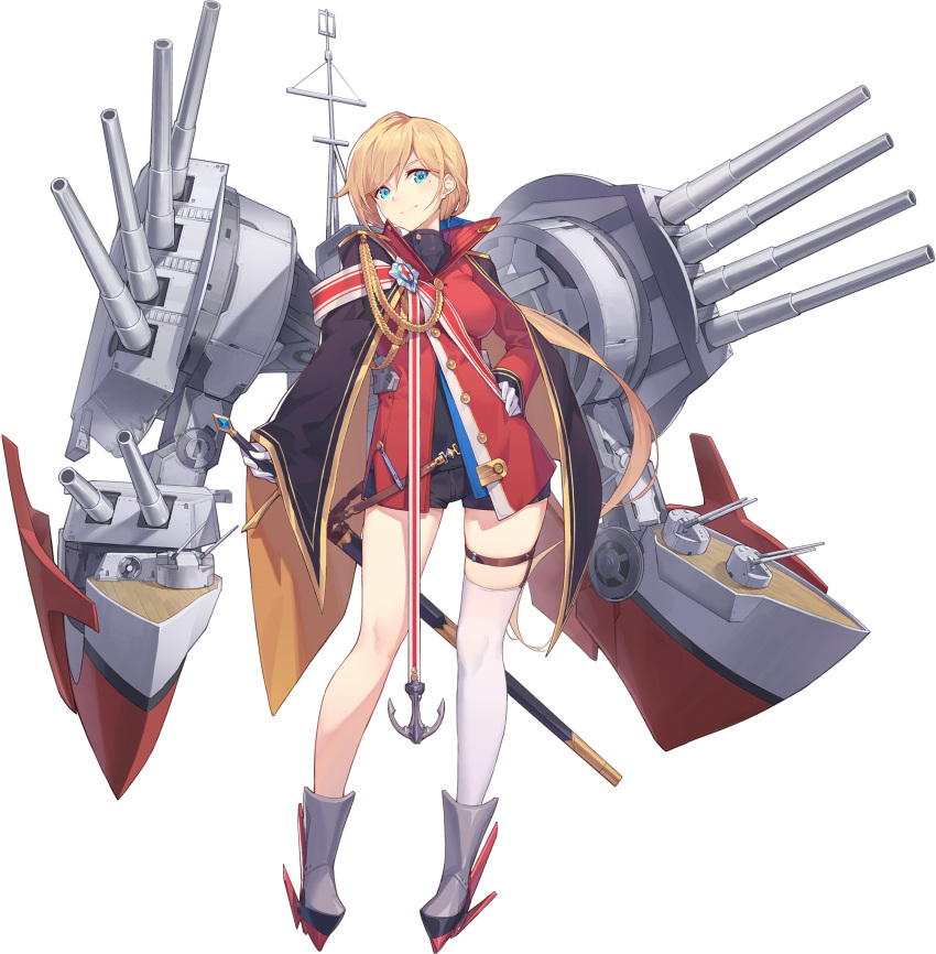1girl anchor artist_request black_cape black_shirt black_shorts black_surge_night blue_eyes cannon cape closed_mouth full_body gloves gold_cape grey_footwear highres holding holding_sword holding_weapon jacket light_brown_hair machinery official_art prince_of_wales_(black_surge_night) red_jacket rigging sheath sheathed shirt short_shorts shorts single_bare_leg single_thighhigh solo sword thigh-highs third-party_source transparent_background turret two-sided_cape two-sided_fabric weapon white_gloves white_thighhighs