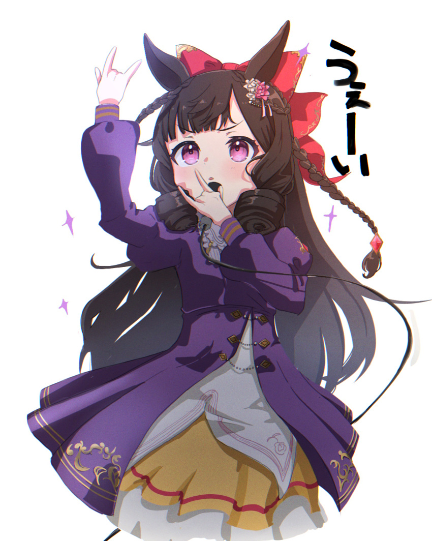 1girl \m/ animal_ears ascot bow braid brown_hair cheering closed_mouth commentary_request cowboy_shot daiichi_ruby_(umamusume) double_\m/ dress drill_hair gem hand_on_own_chest highres holding holding_whistle horse_ears horse_girl juliet_sleeves long_hair long_sleeves looking_at_viewer puffy_sleeves purple_dress red_ascot red_bow red_gemstone ribbon side_drill simple_background small-wso6-bell solo translation_request umamusume upper_body very_long_hair violet_eyes whistle white_background