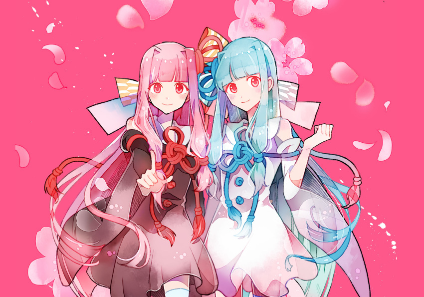 2girls a.i._voice artist_request black_dress blue_hair blue_rope blue_tassel blunt_bangs blush bow cherry_blossoms closed_mouth collared_dress curled_fingers detached_sleeves dot_nose dress falling_petals flat_chest flower_knot hair_bow hair_intakes hair_tie hand_up head_tilt highres index_finger_raised kotonoha_akane kotonoha_aoi large_bow long_hair looking_at_viewer low-tied_sidelocks multiple_girls official_art petals pink_background pink_hair purple_bow red_eyes red_rope red_tassel rope siblings side-by-side sisters sleeveless sleeveless_dress smile thigh-highs very_long_hair voiceroid white_dress white_thighhighs wide_sleeves yagasuri yellow_bow