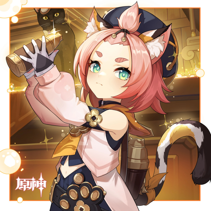 1girl absurdres animal_ear_fluff animal_ears bare_shoulders beret black_cat black_headwear cat cat_ears cat_tail chinese_commentary commentary_request cowboy_shot detached_sleeves diona_(genshin_impact) forehead genshin_impact green_eyes hat highres holding indoors long_sleeves navel official_art pink_hair pink_shirt shirt sleeveless sleeveless_shirt solo standing tail thick_eyebrows