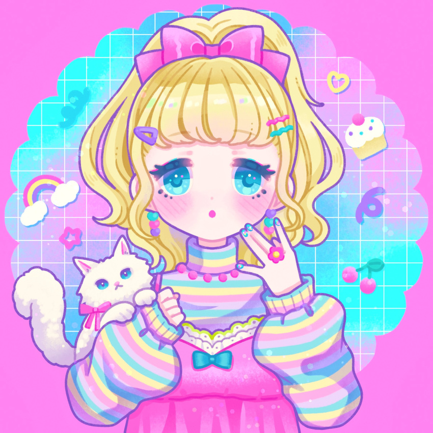 1girl absurdres blonde_hair blue_eyes blue_nails blue_sweater bow cat commission hair_bow hair_ornament hairclip heart high_ponytail highres long_hair multicolored_sweater open_mouth original pink_bow pink_sweater pinkmm skeb_commission solo striped_clothes striped_sweater sweater white_cat yellow_sweater