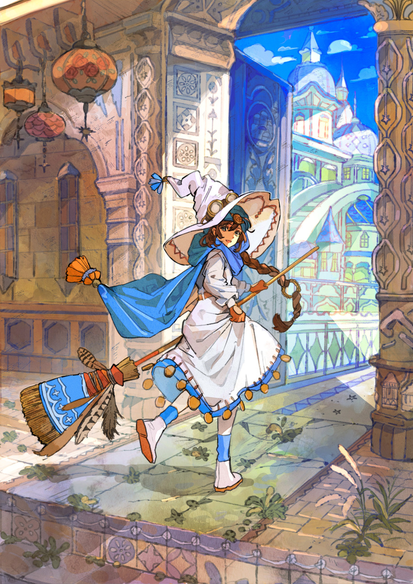 1girl :d absurdres blue_eyes blue_sky braid broom brown_hair buchi_(qooo003) building clouds commentary_request day dress floating_hair gloves goggles goggles_on_headwear hair_between_eyes hat highres holding holding_broom long_hair long_sleeves looking_at_viewer looking_to_the_side orange_gloves original outdoors puffy_long_sleeves puffy_sleeves shoe_soles shoes single_braid sky smile solo tower very_long_hair walking white_dress white_footwear white_headwear witch_hat