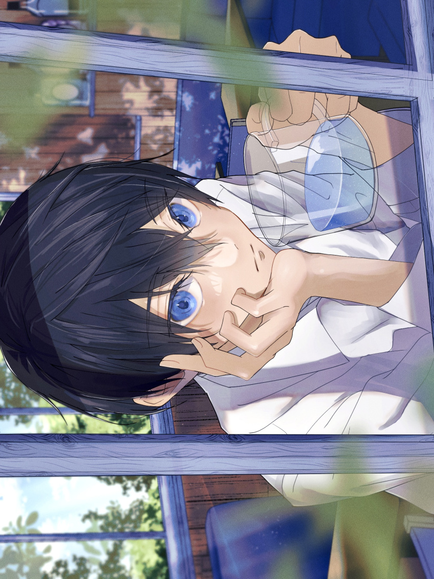 1boy black_hair blue_eyes cup dappled_sunlight eru_(frfrharuka) expressionless free! hair_between_eyes highres holding holding_cup light_particles looking_at_viewer looking_outside male_focus nanase_haruka_(free!) shirt short_hair sitting solo sunlight upper_body water white_shirt window