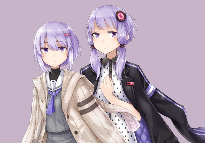 2girls a.i._voice animal_print ayakura_juu black_jacket cardigan closed_mouth collared_shirt curled_fingers double-parted_bangs dual_persona expressionless eyelashes floating_clothes grey_serafuku hair_between_eyes hair_ornament hair_tie hairclip hand_up highres jacket jacket_on_shoulders long_sleeves looking_at_viewer low-tied_sidelocks medium_hair multiple_girls neck_ribbon official_art open_cardigan open_clothes purple_background purple_hair purple_ribbon quilted_jacket rabbit_print ribbon sailor_collar school_uniform serafuku shirt short_hair sidelocks simple_background smile two-sided_fabric two-sided_jacket violet_eyes vocaloid voiceroid white_cardigan white_sailor_collar white_shirt yuzuki_yukari yuzuki_yukari_(a.i._voice) yuzuki_yukari_(shizuku)