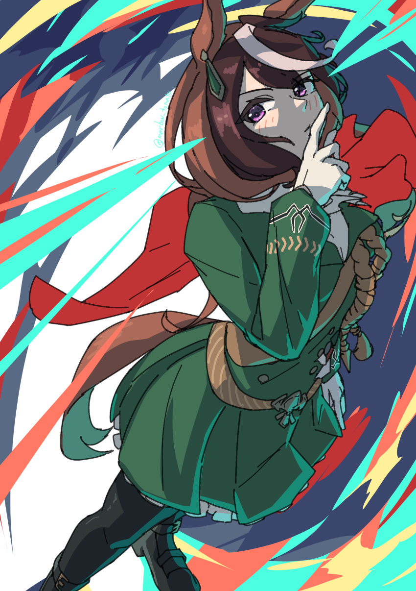 1girl absurdres aiguillette animal_ears black_thighhighs brown_hair cape commentary_request earrings epaulettes feet_out_of_frame gloves gradient_background green_jacket green_pants hair_between_eyes highres horse_ears horse_girl horse_tail jacket jewelry lens_flare long_sleeves marbow_tomato multicolored_background multicolored_hair one-hour_drawing_challenge pants red_cape single_earring single_epaulette solo streaked_hair symboli_rudolf_(umamusume) tail thigh-highs umamusume violet_eyes white_gloves white_hair zettai_ryouiki