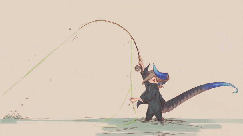 1girl animal_ears arm_up asymmetrical_horns blue_horns blue_jacket blue_pants blue_tail curled_horns dragon_girl dragon_horns dragon_tail fishing fishing_line fishing_rod from_side grey_hair grey_horns grey_shirt grey_tail highres holding holding_fishing_rod horns jacket kmbk looking_ahead mismatched_horns multicolored_tail original pants pulling red_eyes shirt short_hair simple_background sleeves_rolled_up solo tail wading water