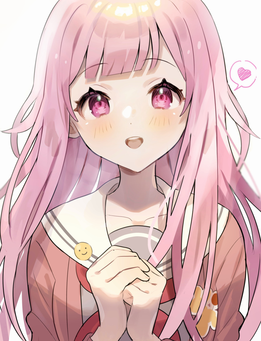 1girl :d blunt_bangs blush breasts cardigan commentary_request curled_fingers dot_nose double-parted_bangs eyelashes heart highres long_hair looking_at_viewer neckerchief ootori_emu open_cardigan open_clothes open_mouth own_hands_together pink_cardigan pink_eyes pink_hair project_sekai red_neckerchief sailor_collar sailor_shirt shirt simple_background smile softcream015 solo teeth upper_body upper_teeth_only w_arms white_background white_sailor_collar
