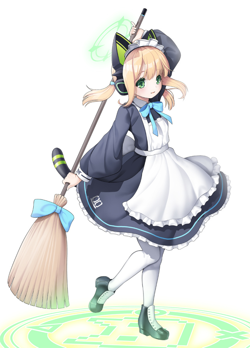 1girl animal_ear_headphones animal_ears apron arm_up black_dress blonde_hair blue_archive blue_bow bow broom commentary_request dress fake_animal_ears frilled_apron frilled_dress frills full_body green_eyes headphones highres holding holding_broom koflif long_hair long_sleeves low_twintails maid maid_apron maid_headdress midori_(blue_archive) midori_(maid)_(blue_archive) parted_lips puffy_long_sleeves puffy_sleeves sidelocks simple_background solo standing standing_on_one_leg tail twintails white_apron white_background