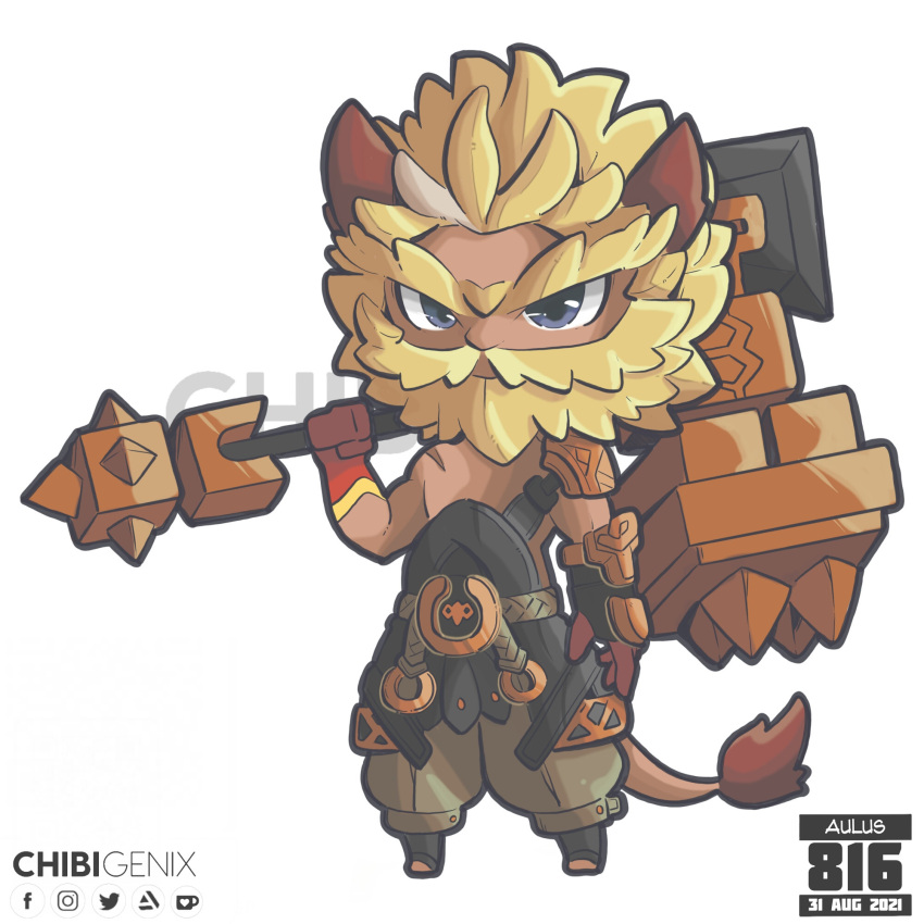 1boy animal_ears aulus_(mobile_legends) beard beard_over_mouth blonde_hair chibi chibigenix facial_hair frown full_beard full_body hammer highres holding holding_hammer huge_eyebrows huge_weapon lion_boy lion_ears lion_tail looking_at_viewer male_focus mature_male mobile_legends:_bang_bang over_shoulder short_hair solo standing tail thick_beard thick_mustache weapon weapon_over_shoulder white_background