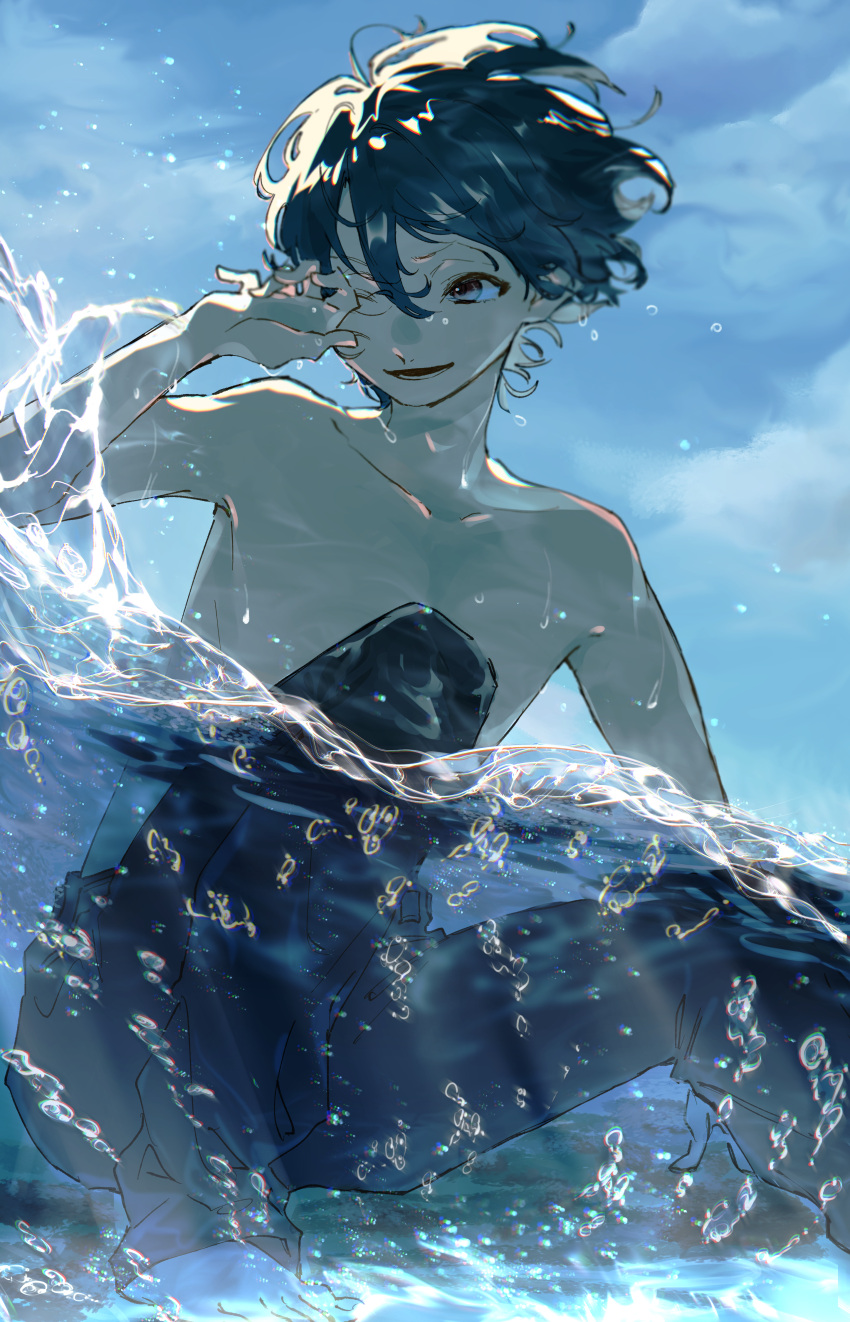 1boy absurdres barefoot blue_eyes blue_hair blue_sky blue_theme clouds cloudy_sky hair_between_eyes highres looking_to_the_side male_focus ocean omutarou one_eye_closed original pants partially_submerged sea_spray short_hair sitting sky smile solo topless topless_male water wet wet_hair