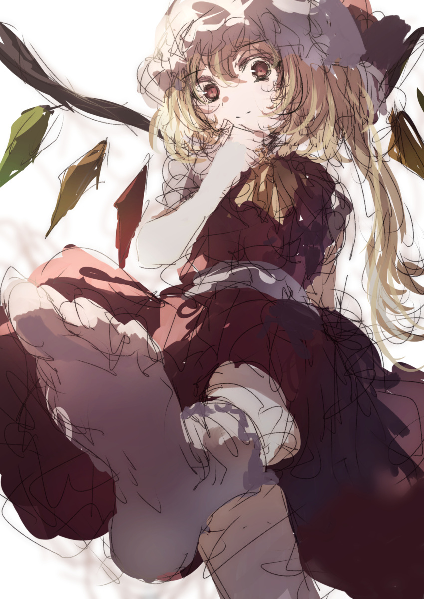 1girl ascot blonde_hair crystal dress embodiment_of_scarlet_devil feet flandre_scarlet foot_focus frills hat hat_ribbon highres looking_at_viewer mob_cap natsume_suzuri no_shoes puffy_short_sleeves puffy_sleeves red_dress ribbon short_sleeves side_ponytail smile socks soles solo touhou wings