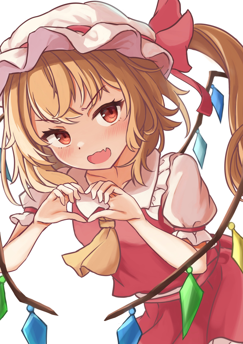 1girl absurdres ascot blonde_hair crystal dress fang flandre_scarlet frills hat hat_ribbon heart heart_hands highres legedoll looking_at_viewer mob_cap open_mouth puffy_short_sleeves puffy_sleeves red_dress ribbon short_sleeves side_ponytail simple_background skin_fang solo touhou white_background wings