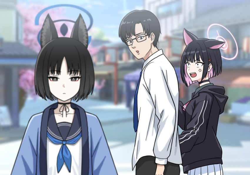 1boy 2girls anger_vein animal_ears bare_shoulders black-framed_eyewear black_choker black_eyes black_hair black_jacket black_pants blue_archive blue_halo blue_neckerchief blue_necktie blue_sailor_collar blurry blurry_background bob_cut bruce8763 cat_ears cat_girl choker closed_mouth collarbone colored_inner_hair commentary_request depth_of_field distracted_boyfriend_(meme) extra_ears fang game_screenshot_background glasses hair_ornament hairclip halo haori happi highres hood hooded_jacket jacket japanese_clothes kazusa_(blue_archive) kikyou_(blue_archive) long_sleeves looking_at_another meme multicolored_hair multiple_girls neckerchief necktie open_mouth outdoors pants parted_bangs partial_commentary pink_hair pink_neckerchief pleated_skirt problem_solver_sensei_(blue_archive) sailor_collar school_uniform sensei_(blue_archive) serafuku shirt short_hair sidelocks skirt two-tone_hair upper_body v-shaped_eyebrows white_shirt white_skirt