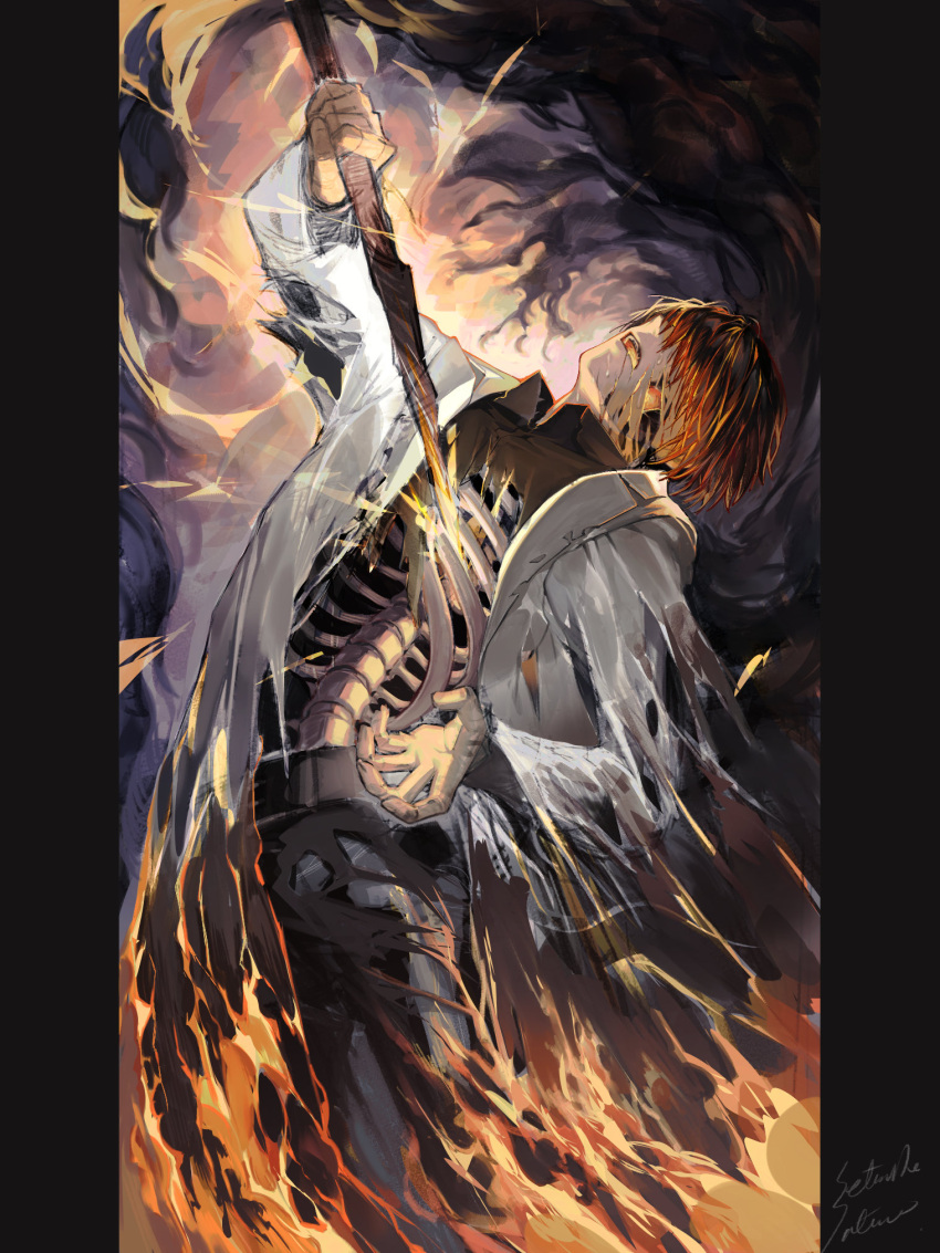 1boy black_pants black_shirt bone coat collared_shirt cowboy_shot e.g.o_(project_moon) facing_up fiery_hair fire glowing_mouth highres holding holding_weapon limbus_company long_sleeves male_focus multicolored_hair pants pillarboxed project_moon ribs satome_setsuko shirt skeleton smoke solo streaked_hair torn_clothes weapon white_coat yi_sang_(project_moon)