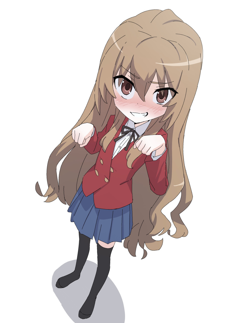 1girl absurdres aisaka_taiga black_ribbon black_thighhighs blazer blue_skirt blush brown_eyes brown_hair buttons clenched_teeth collared_shirt commentary_request double-breasted from_above from_side full_body grin hair_between_eyes hands_up highres jacket long_hair long_sleeves looking_at_viewer neck_ribbon oohashi_high_school_uniform paw_pose pleated_skirt red_jacket ribbon school_uniform shimotsu. shirt simple_background skirt smile solo standing teeth thigh-highs toradora! very_long_hair white_background