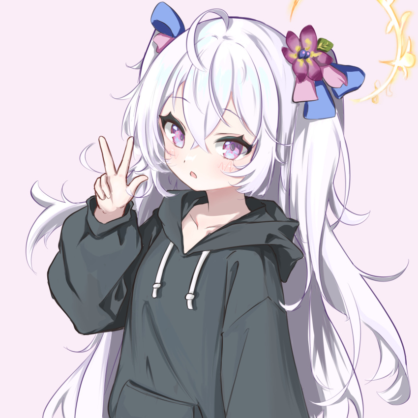 1girl absurdres ahoge azusa_(blue_archive) azusa_(swimsuit)_(blue_archive) black_hoodie blue_archive blush crescent_halo crossed_bangs double-parted_bangs flower hair_between_eyes hair_flower hair_ornament halo highres hood hoodie huajiao long_hair open_mouth purple_flower solo twintails violet_eyes waving white_hair yellow_halo