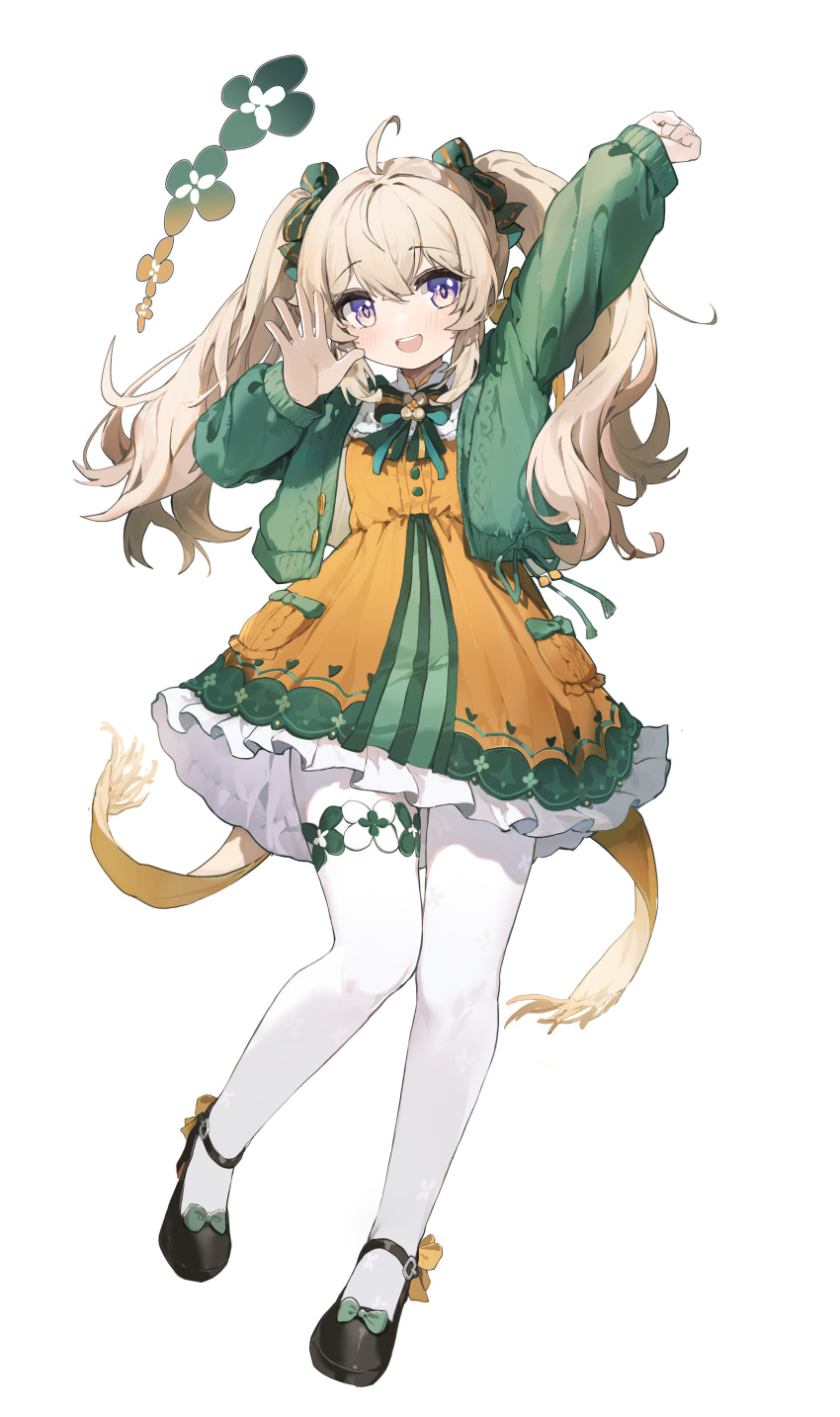 1girl absurdres ahoge arm_up blonde_hair blush bow bowtie commentary coria dress dress_bow floral_print footwear_bow full_body green_bow green_bowtie green_dress hair_bow highres looking_at_viewer mary_janes open_hand open_mouth orange_dress original pantyhose shoes simple_background smile solo standing symbol-only_commentary twintails two-tone_dress violet_eyes waving white_background white_pantyhose
