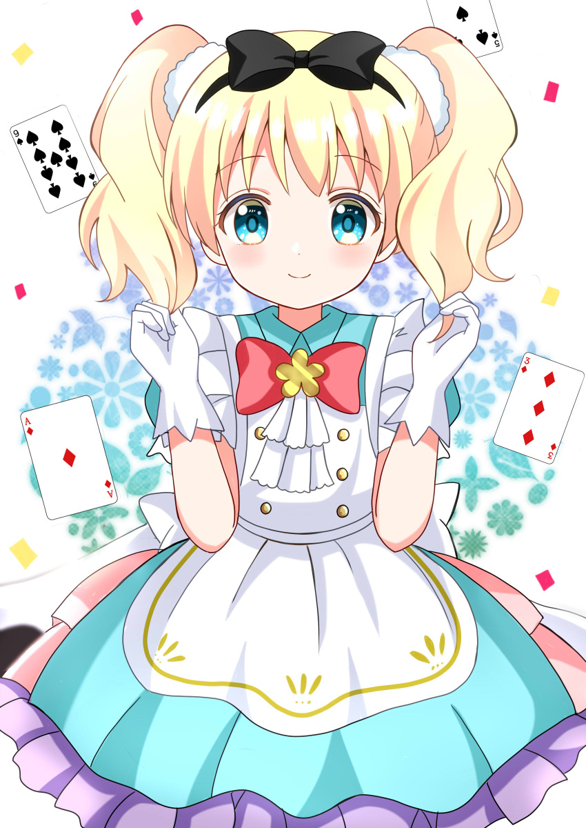 1girl absurdres ace_(playing_card) ace_of_diamonds alice_cartelet apron black_bow black_hairband blonde_hair blue_dress blue_eyes bow card closed_mouth collared_dress commentary_request confetti diamond_(shape) dress frilled_apron frilled_dress frills gloves hair_bow hairband hands_up highres holding holding_hair kin-iro_mosaic playing_card pleated_dress puffy_short_sleeves puffy_sleeves red_bow ryoutan short_sleeves smile solo spade_(shape) white_apron white_gloves