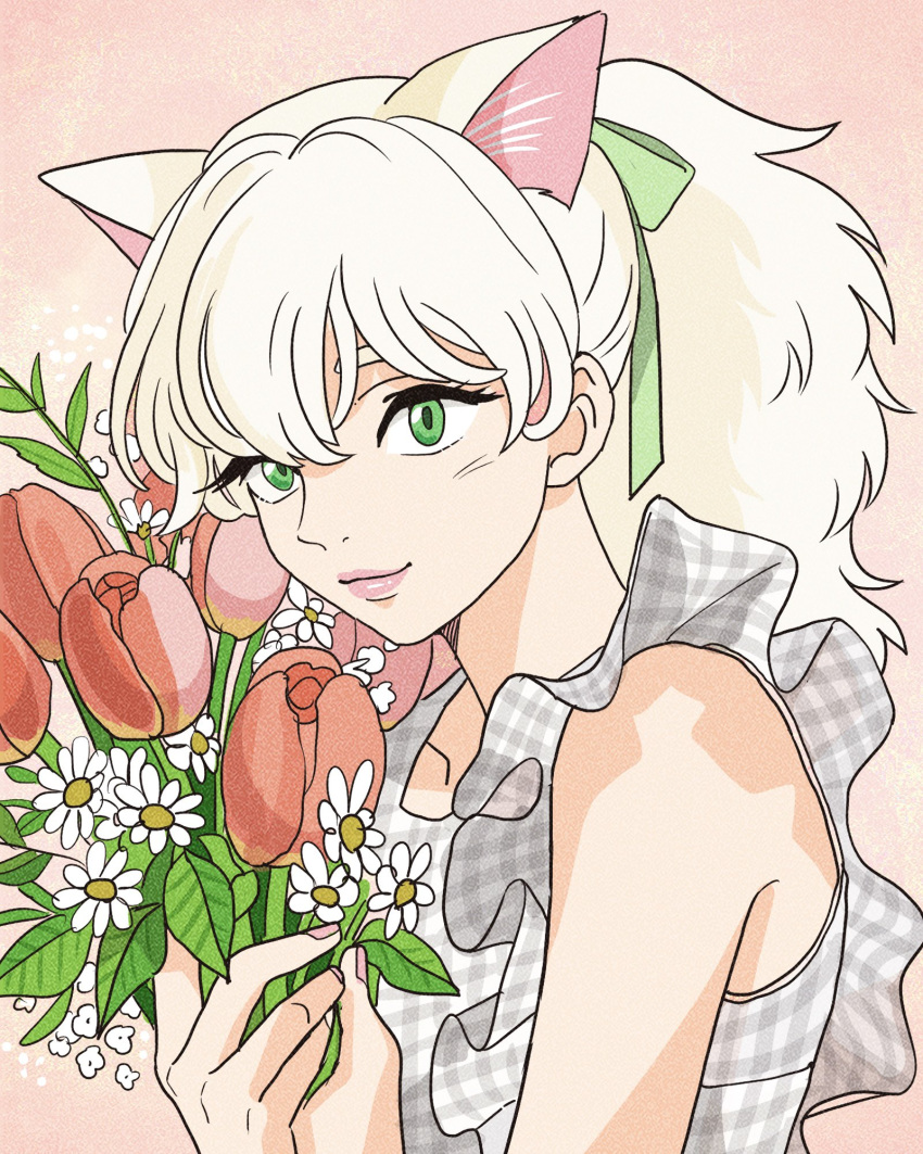 1girl animal_ears bare_shoulders bouquet cat_ears cat_girl cat_tail closed_mouth flower frills from_side green_eyes green_ribbon hair_between_eyes hands_up highres holding holding_bouquet lily_(majo_no_takkyuubin) lipstick long_hair looking_at_viewer majo_no_takkyuubin makeup nail_polish personification pink_lips pink_nails plaid plaid_shirt ponytail red_background red_flower ribbon rikaco1988 shirt simple_background sleeveless solo tail tulip upper_body whiskers white_flower white_hair