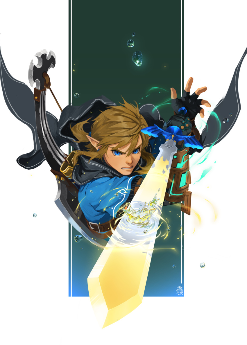 1boy absurdres black_hood blue_eyes bow_(weapon) brown_hair champion's_tunic_(zelda) clenched_teeth fingerless_gloves gloves highres link male_focus master_sword shield shield_on_back shiyuu_(shiyu) short_hair short_ponytail solo teeth the_legend_of_zelda the_legend_of_zelda:_tears_of_the_kingdom weapon