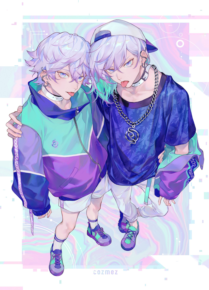 2boys absurdres arm_around_shoulder arm_around_waist bishounen blue_eyes brothers chain_necklace collar collarbone colored_inner_hair cozmez_(paradox_live) earrings from_above full_body gradient_hair hair_between_eyes hat highres jewelry looking_at_viewer male_focus multicolored_hair multiple_boys necklace off_shoulder pants paradox_live pastel_colors purple_hair sei_(_mo1008) shoes short_hair shorts siblings simple_background sneakers standing tongue tongue_out white_collar white_pants white_shorts yatonokami_kanata yatonokami_nayuta