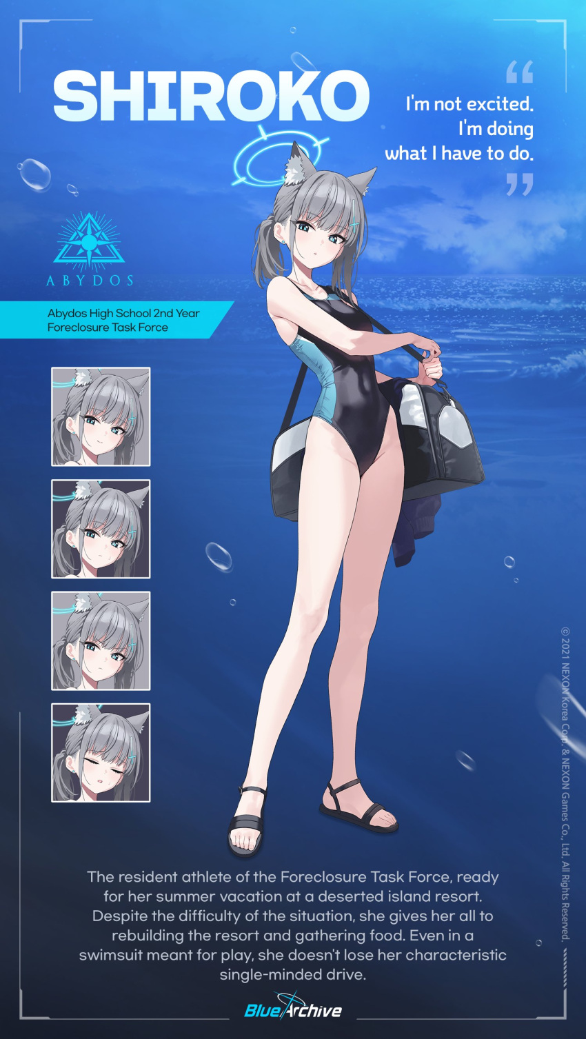 absurdres animal_ears bag black_one-piece_swimsuit blue_archive blue_halo blue_skirt breasts cross_hair_ornament duffel_bag extra_ears hair_ornament halo highres medium_breasts medium_hair mismatched_pupils mx2j official_art one-piece_swimsuit shiroko_(blue_archive) shiroko_(swimsuit)_(blue_archive) skirt swimsuit two-tone_swimsuit wolf_ears