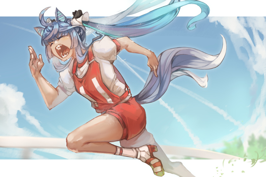 1girl ahoge animal_ears ankle_socks blue_hair blue_sky bow closed_eyes clouds commentary contrail crossed_bangs day english_commentary floating_hair foot_out_of_frame grass gym_shirt gym_shorts gym_uniform hair_bow hand_up high_heel_sneakers highres horse_ears horse_girl horse_tail larribee leg_up letterboxed long_hair open_mouth original_race_uniform_(umamusume) outdoors outside_border race_bib railing red_shorts running sharp_teeth shirt short_sleeves shorts sidelocks sky socks solo sweat tail teeth twin_turbo_(umamusume) twintails umamusume white_shirt white_socks