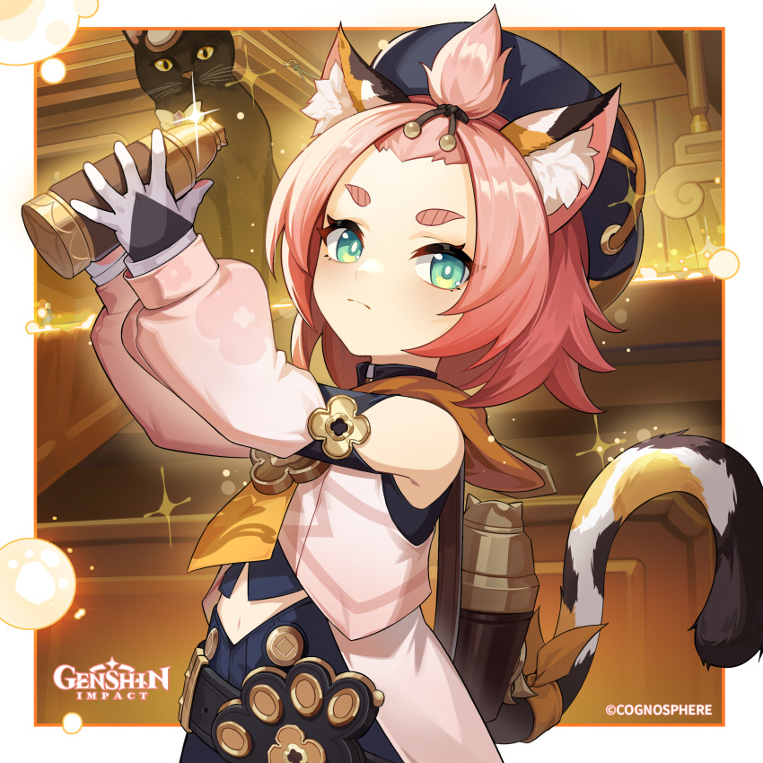 1girl absurdres animal_ear_fluff animal_ears bare_shoulders beret black_cat black_headwear cat cat_ears cat_tail commentary cowboy_shot detached_sleeves diona_(genshin_impact) forehead genshin_impact green_eyes hat highres holding indoors long_sleeves navel official_art pink_hair pink_shirt shirt sleeveless sleeveless_shirt solo standing tail thick_eyebrows