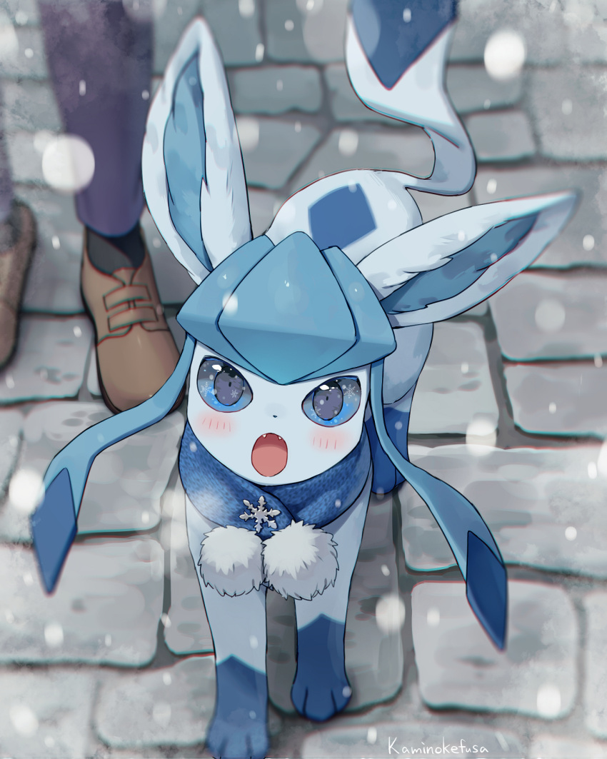 animal_ears artist_name blue_eyes blue_fur blush brown_footwear cobblestone fangs glaceon head_out_of_frame highres kaminokefusa open_mouth outdoors pants pokemon pokemon_(creature) pom_pom_(clothes) scarf snow snowflake_ornament snowflakes snowing tail