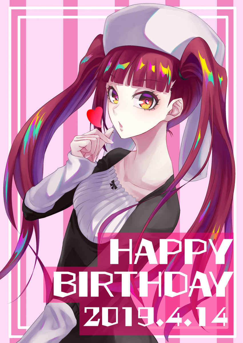 1girl 2019 absurdres black_dress bleach blunt_bangs breasts collarbone commentary_request dated dokugamine_riruka dress eyelashes finger_heart hand_up happy_birthday heart highres long_hair looking_at_viewer nail_polish nose orange_eyes parted_lips pink_nails redhead sleeves_past_wrists small_breasts solo sumire_1046 twintails upper_body very_long_hair white_headwear