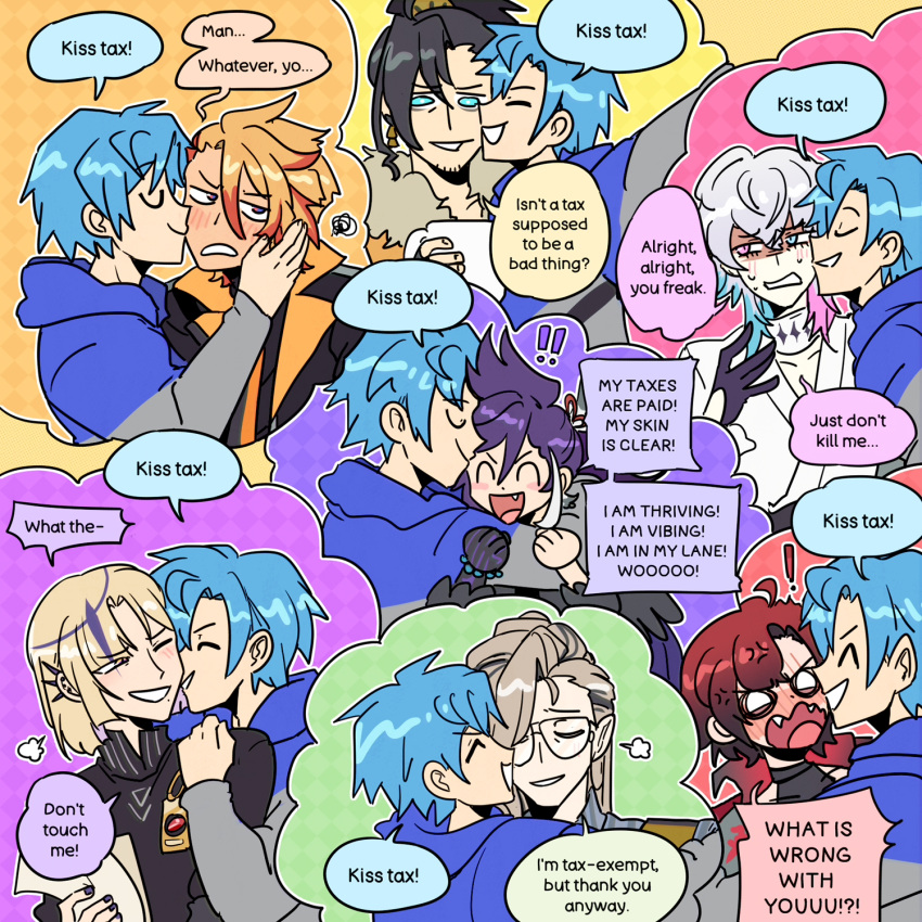 ! !! 6+boys ^_^ affectionate after_kiss anger_vein axel_syrios banzoin_hakka black_hair blonde_hair blue_eyes blue_hair blue_hoodie blush closed_eyes cup english_commentary english_text facial_hair gavis_bettel glasses grey_hair hair_between_eyes happy high_ponytail highres holding holding_cup holostars holostars_english holotempus hood hoodie hug josuiji_shinri kiss kissing_cheek long_hair looking_to_the_side machina_x_flayon magni_dezmond male_focus ministarfruit multicolored_hair multiple_boys noir_vesper open_mouth outline pale_skin pink_hair pointy_ears puff_of_air purple_hair redhead regis_altare short_hair smile speech_bubble squiggle stubble surprise_kiss surprised sweat tsundere two-tone_hair upper_body virtual_youtuber white_outline yaoi