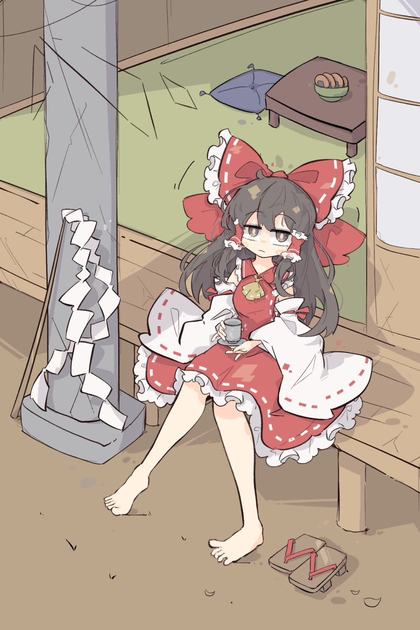 1girl architecture ascot barefoot black_eyes bow breasts brown_eyes brown_hair closed_mouth collared_dress cup detached_sleeves dress east_asian_architecture food frilled_dress frills full_body gohei green_ascot hair_bow hair_tubes hakurei_reimu highres holding holding_cup large_bow long_hair looking_at_viewer medium_breasts primsla red_bow red_dress ribbon-trimmed_dress ribbon-trimmed_sleeves ribbon_trim shouji sitting sleeveless sleeveless_dress sliding_doors solo touhou unworn_footwear white_sleeves wide_sleeves
