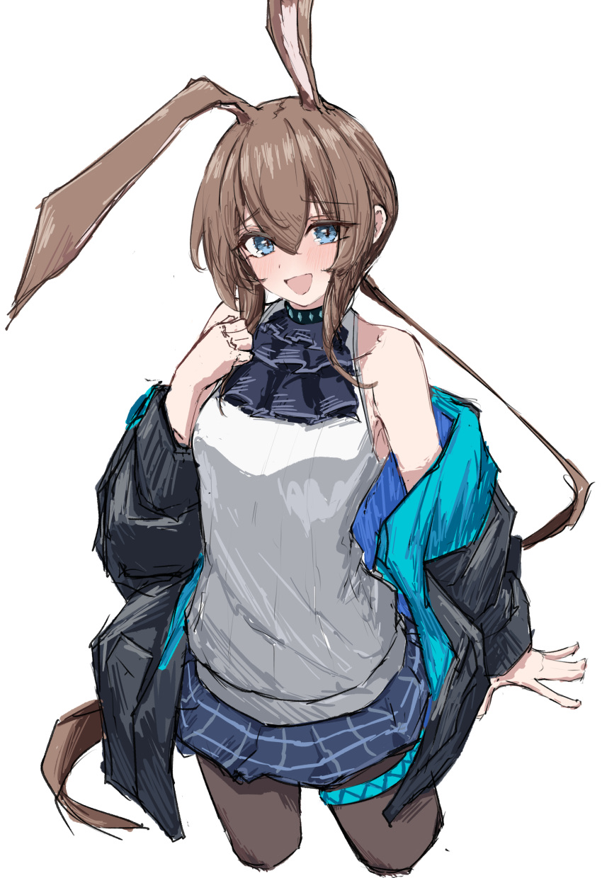 1girl :d \||/ absurdres amiya_(arknights) animal_ears arknights armpit_crease ascot bare_shoulders black_jacket blue_ascot blue_collar blue_eyes blue_skirt breasts brown_hair brown_pantyhose clothes_down collar commentary cowboy_shot cropped_legs floating_hair furrowed_brow hair_between_eyes hand_up happy highres infection_monitor_(arknights) jacket legs_apart light_blush long_hair long_sleeves looking_at_viewer medium_breasts miniskirt off_shoulder open_clothes open_jacket open_mouth pantyhose plaid plaid_skirt pocket ponytail rabbit_ears rabbit_girl ribbed_sweater shadow sidelocks simple_background skirt sleeveless sleeveless_sweater smile solo standing sweater thighlet tobildesu two-sided_fabric two-sided_jacket very_long_hair white_background white_sweater wide_sleeves