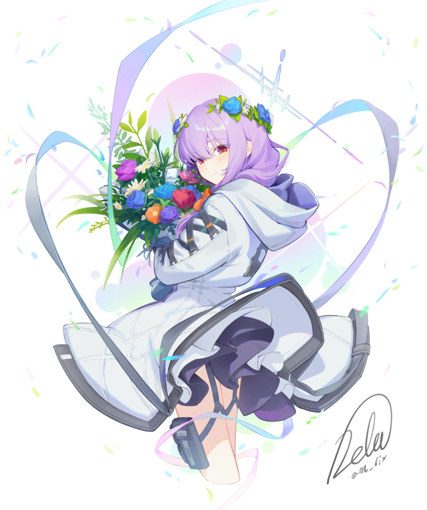 1girl absurdres atsuko_(blue_archive) blue_archive blue_flower blush bouquet closed_mouth cowboy_shot cropped_legs dress flower hair_flower hair_ornament halo highres holding holding_bouquet hood hood_down hooded_jacket jacket long_hair looking_at_viewer mincho orange_flower pink_flower purple_flower purple_hair purple_halo red_eyes red_flower signature simple_background smile solo twitter_username white_background white_dress white_jacket