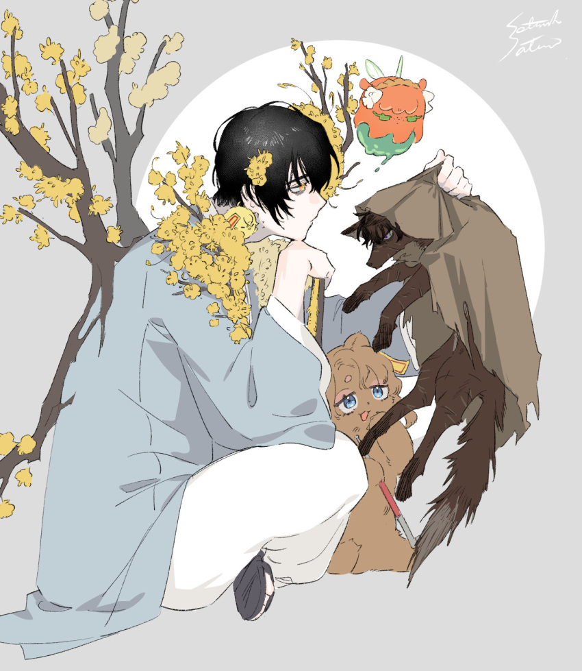 1boy animal animalization bear bird blue_eyes branch brown_cape cape chick closed_mouth coat e.g.o_(project_moon) fairy_wings flower fox grey_coat hair_flower hair_ornament heathcliff_(project_moon) highres holding holding_animal hood hood_up hooded_cape ishmael_(project_moon) limbus_company long_sleeves looking_to_the_side male_focus octopus open_mouth project_moon rodion_(project_moon) satome_setsuko sinclair_(project_moon) sitting smile umbrella_octopus wide_sleeves wings yellow_flower yi_sang_(project_moon)