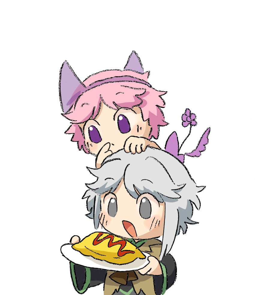 2others absurdres androgynous baila_kuangzi black_shirt brown_jacket chibi chinese_commentary closed_mouth commentary_request food green_trim grey_eyes grey_hair highres holding holding_plate houlen_yabusame jacket len'en medium_hair multiple_others no_nose omelet omurice open_mouth other_focus pink_hair plate shion_(len'en) shirt short_hair simple_background smile triangular_headpiece violet_eyes white_background wide_sleeves