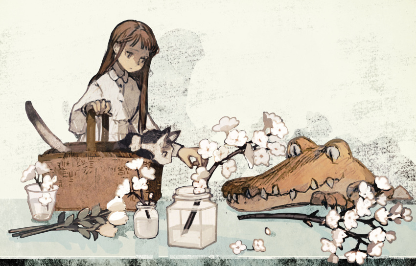 basket brown_hair cat closed_mouth conical_teeth croco_zigmond crocodile crocodilian flower flower_in_cup from_side frown glass head_on_table highres in_basket long_hair mason_jar original peter_pan_collar philia_ell short_bangs slit_pupils smile tono_(rt0no) tulip twig white_flower white_tulip