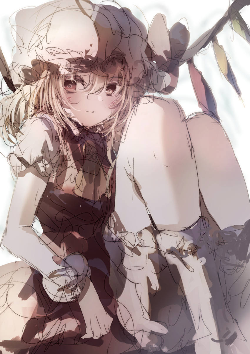 1girl ascot blonde_hair crystal dress flandre_scarlet frills hat hat_ribbon highres looking_at_viewer medium_hair mob_cap natsume_suzuri open_mouth puffy_short_sleeves puffy_sleeves red_dress ribbon short_sleeves side_ponytail simple_background sitting solo thighs touhou white_background wings