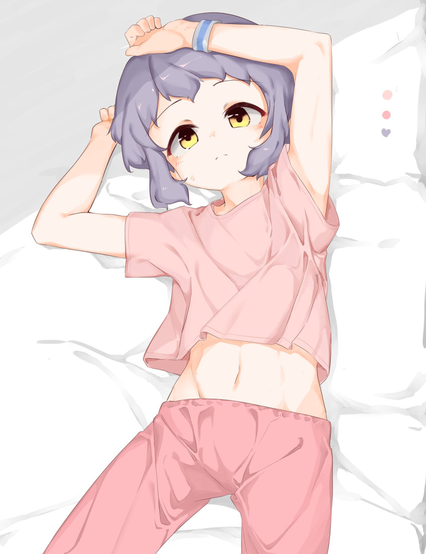 1girl arms_up bed_sheet expressionless flat_chest from_above highres idolmaster idolmaster_million_live! light_blush looking_at_viewer lying makabe_mizuki navel on_bed pants pink_pants pink_shirt purple_hair shirt short_hair short_sleeves sidelocks solo stomach sunfromwest sweat wavy_hair wristband yellow_eyes