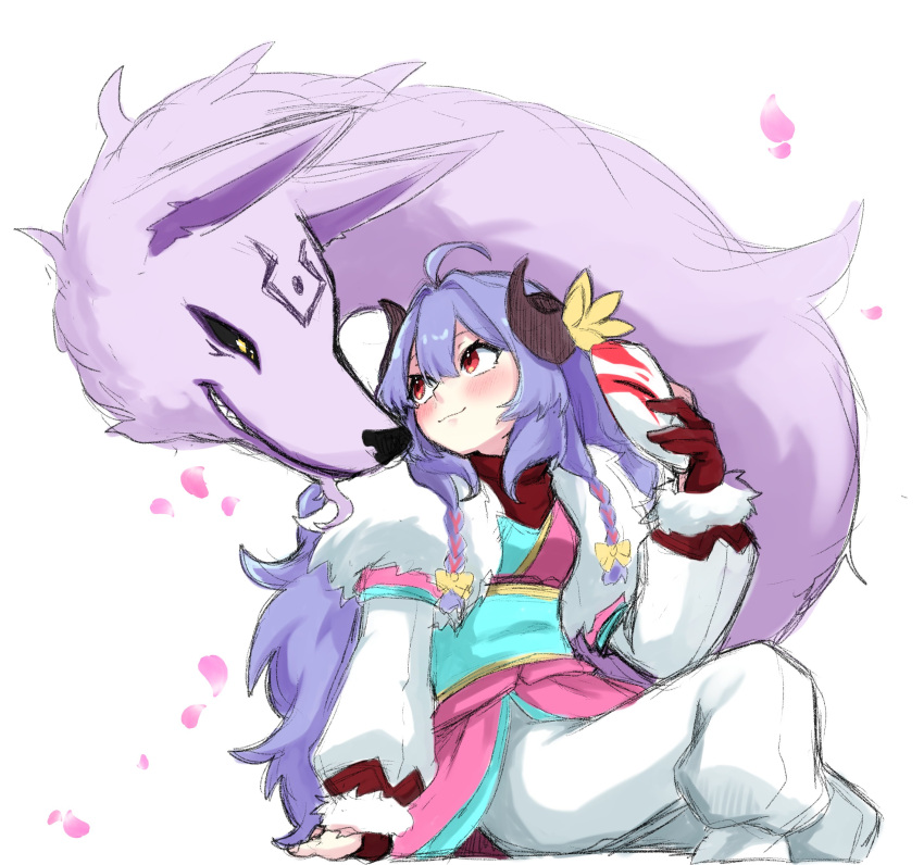 1girl absurdres ahoge blush braid curled_horns flower hair_between_eyes hair_flower hair_ornament highres holding holding_mask horns japanese_clothes kindred_(league_of_legends) lamb_(league_of_legends) league_of_legends long_hair looking_at_another mask official_alternate_costume official_alternate_hairstyle petals purple_hair red_eyes ri_~yoku smile spirit_blossom_(league_of_legends) spirit_blossom_kindred twin_braids wolf_(league_of_legends)