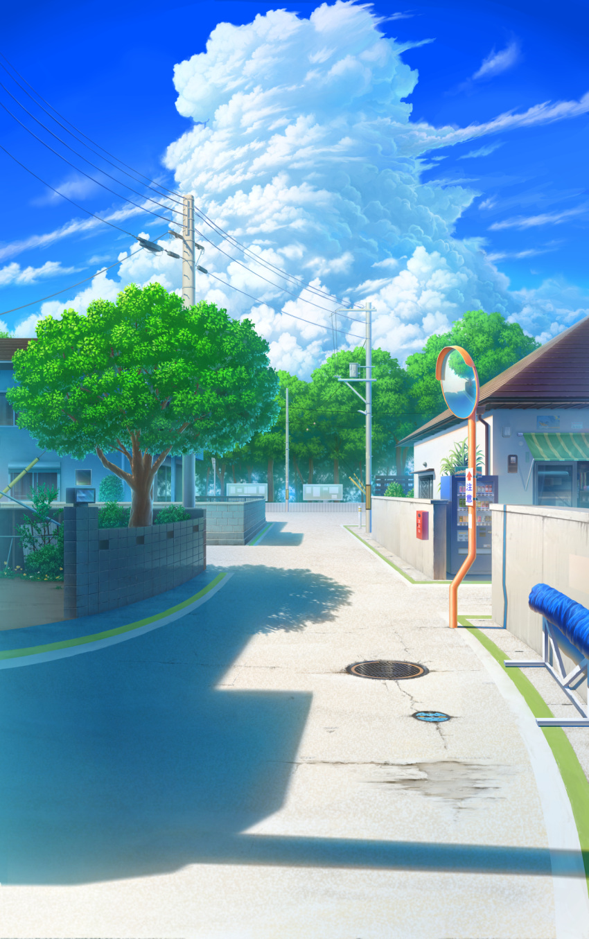 blue_sky building clouds commentary_request cumulonimbus_cloud day highres manhole_cover mirror no_humans original outdoors power_lines road scenery shadow sky street summer tamikko traffic_mirror utility_pole vanishing_point
