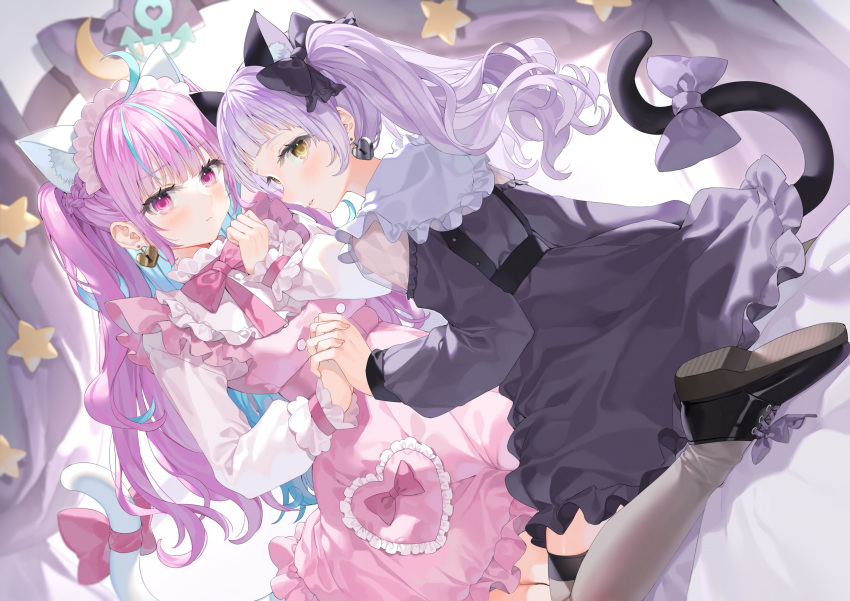 2girls absurdres ahoge animal_ear_fluff animal_ears aqua_hair black_dress black_footwear blush bow bowtie cat_ears cat_tail colored_inner_hair commentary crescent_moon curtains dress feet_out_of_frame full_body grey_thighhighs hand_up highres holding_hands hololive light_frown long_hair long_sleeves looking_at_viewer looking_back maid_headdress minato_aqua moon multicolored_hair multiple_girls murasaki_shion murasaki_shion_(gothic_lolita) official_alternate_hairstyle pink_bow pink_bowtie pink_dress pink_eyes pink_hair sitting star_(symbol) streaked_hair tail tail_bow tail_ornament thigh-highs twintails very_long_hair virtual_youtuber wariza yana_mori yellow_eyes